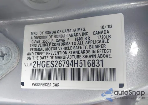 2004 Honda Civic Ex из США, поврежденный, VIN 2HGES26794H516831